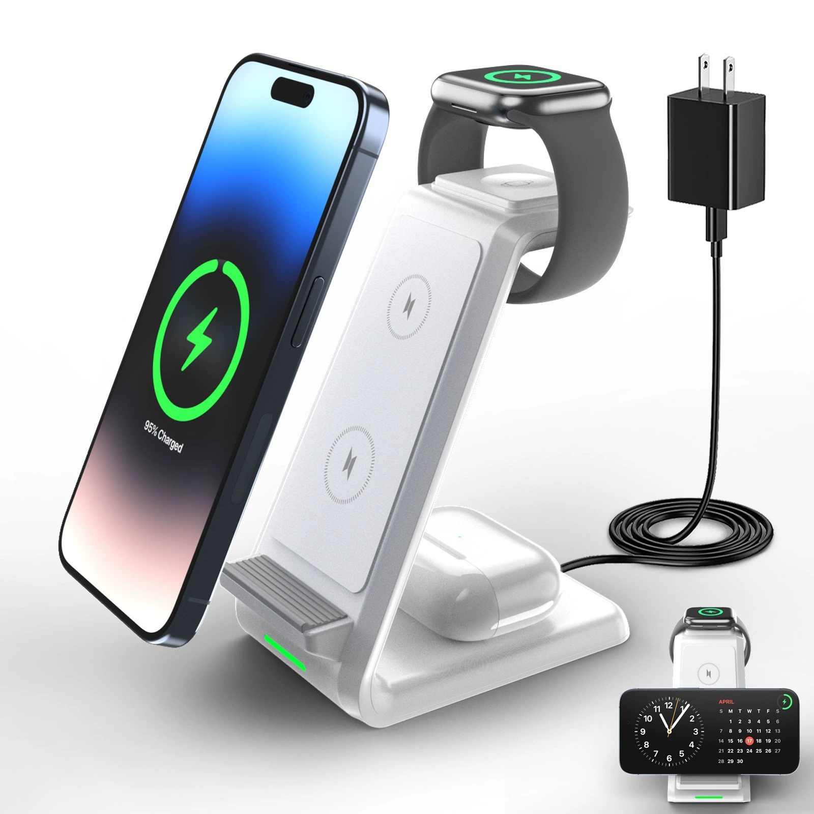 Apple, samsung, с синхронизацией с телефоном, беспроводная универсальная трубка, трехмерное совместимое зарядное устройство, наушники, часы, 15W, три в одном