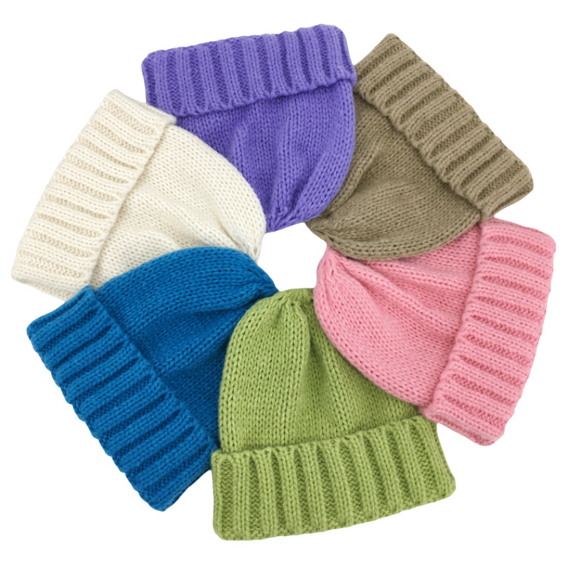 大头围纯色卷边毛线帽