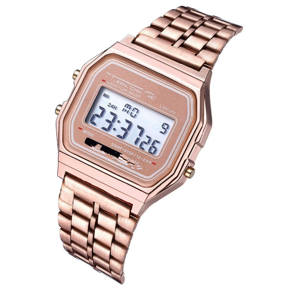 Умные часы Digital Watch 91W, браслет из нержавеющей стали, светодиодная подсветка, узкий дисплей 24 ч (Gold/Silver)