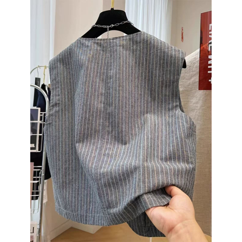 High-end Cotton Linen Striped Sleeveless Short Outer Wear Suit Vest Women's Summer Thin Jacket Top Trendy