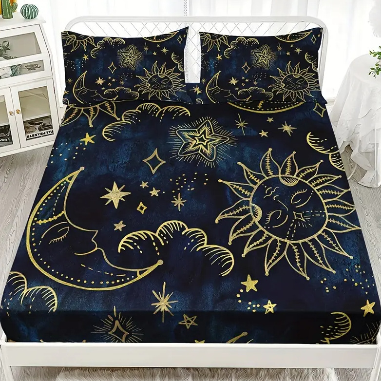 TEMU / JIT Transfronterizo Sol, Luna, Estrella y Río Patrón Temático 3D Impresión Digital Cama Kasama Kit de ropa de cama
