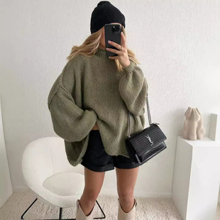 Cross-border Amazon Autumn and Winter New Loose Half-turtleneck Commuter Wind Fake Anti-wear Knitted Pullover Solid Color Sweater for Women