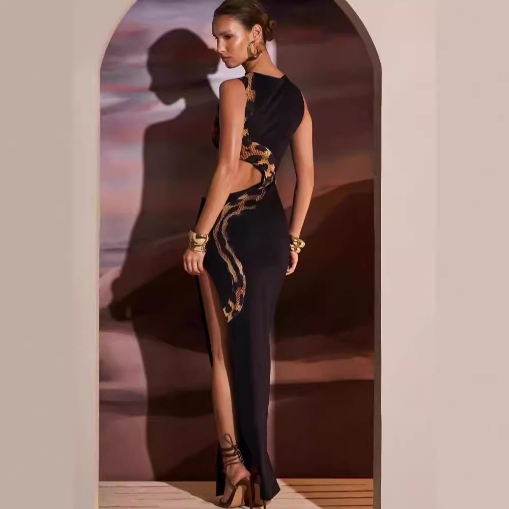 Women's Clothing Summer Women's Animal Print Dress Style Side Waist Hollow Out Slim Fit Long Skirt With Slit_ecoleips.com
