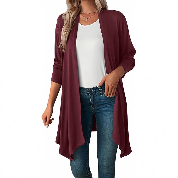 European and American Cross-border Amazon Cardigan Solid Color Basic Sweater Long Sleeve Front Cardigan Lightweight Breathable Shawl