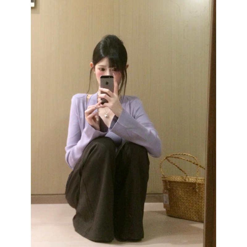 十三行女装针织开衫外套女秋季长袖薄款挂脖背心紫色设计感两件套|undefined