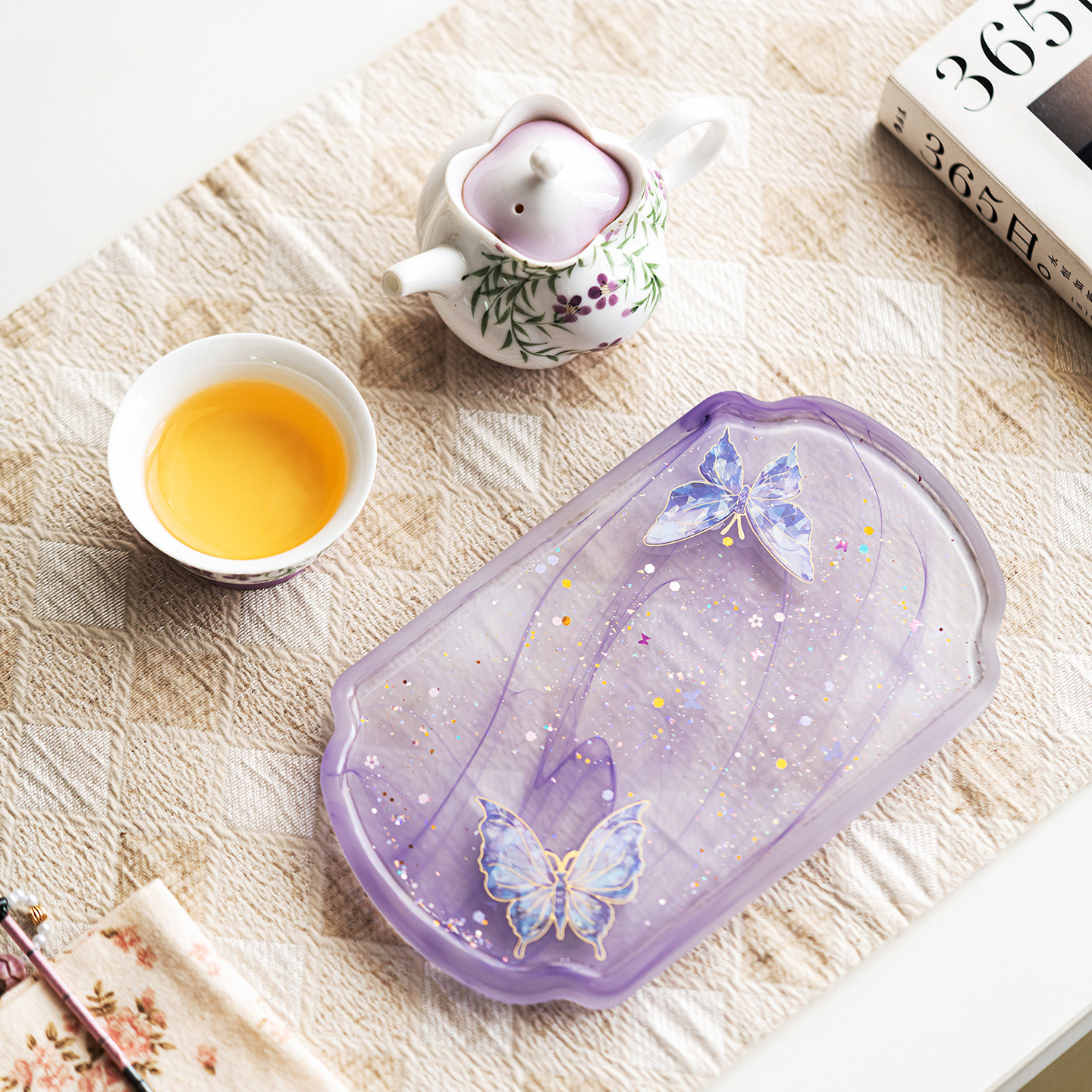 蝴蝶磨砂滴塑琉璃干泡盘小型茶托盘壶承长方茶盘干泡台零食果盘