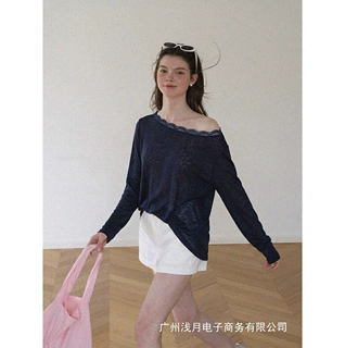 蕾丝花边一字肩长袖t恤女夏季薄款冰丝外搭防晒罩衫露肩上衣蓝色