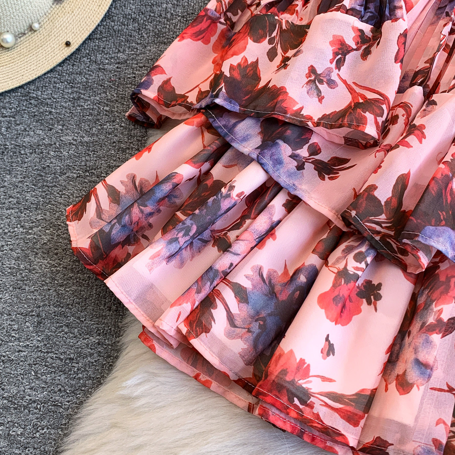 Floral Print Sweetheart Dress for Women with Bow Tie round Neck Flutter Sleeves Waist Tie Ruffled Hem Versatile Design_ecoleips.com