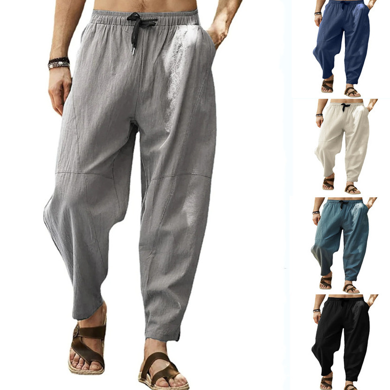 2022 Amazon Foreign Trade Men's Large Size Loose Casual Sports Pants Cotton and Linen Drawstring Hip-Hop Lantern Small Leg Pants for Men
