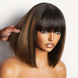 全真人发 Human Hair 黑棕渐变 波波头 Bob 假发 带刘海