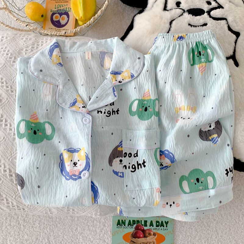 Comercio exterior de Vietnam verano nuevo estilo nube rebeca de algodón solapa dulce pijama de dibujos animados pantalones cortos de manga corta traje de servicio a domicilio para mujer