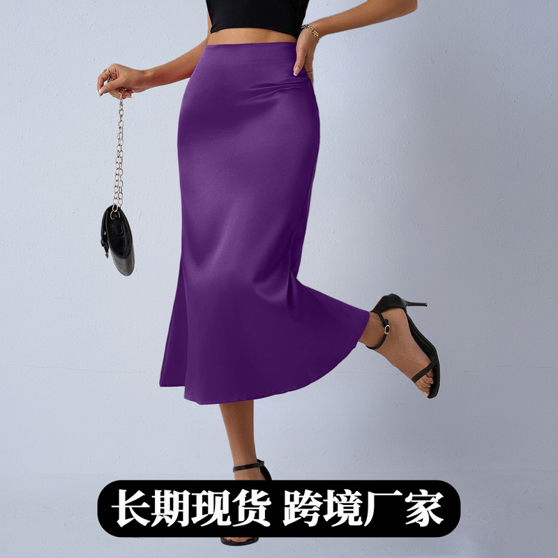 Real Shot of Foreign Trade European and American Women's Satin Skirt, 25 New Autumn Style Hip-Hugging Fishtail Mid-Length Skirt