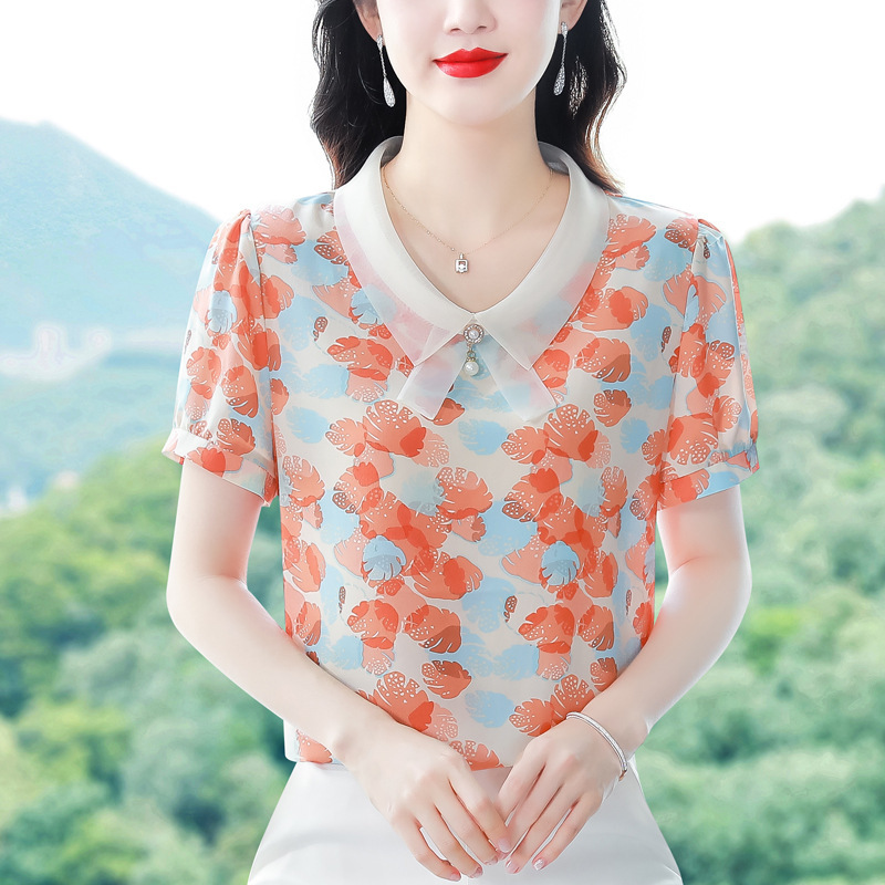 Fashion Doll Collar Short-Sleeve Silk Shirt for Women, Summer New Thin Petite Floral Loose Mom Top