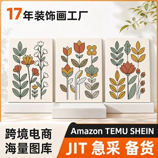 亚马逊TEMU希音跨境代发 植物线条花卉帆布无框画 三联装饰画定制
