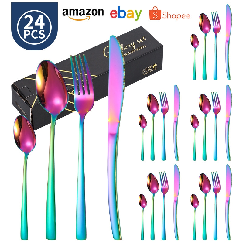 Juego de vajilla de 24 piezas de cuchillo y tenedor de acero inoxidable de venta caliente transfronteriza caja de regalo cuchara de comida occidental de Amazon dorada chapada en titanio