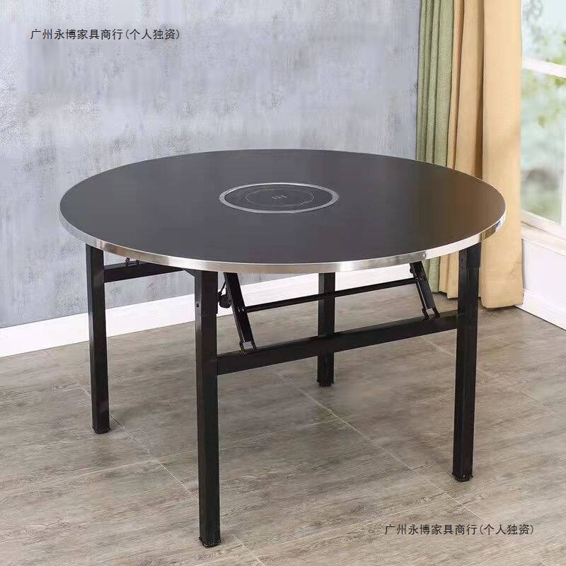 Folding Hot Pot Table Round Table Induction Cooker Integrated Dining Table Night Market Hotel Food Stall Hot Pot Tabletop with Turntable