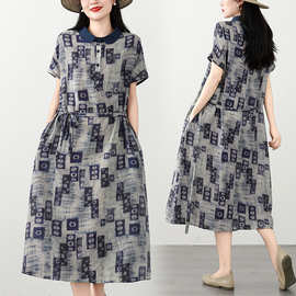 实拍XH复古做旧方块印花连衣裙翻领半开襟绑带收腰显瘦中长茶歇裙