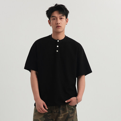 Summer Men's T-Shirt 250g Trendy Brand Fashion Loose Henley Collar Casual Short-Sleeve T-Shirt for Men