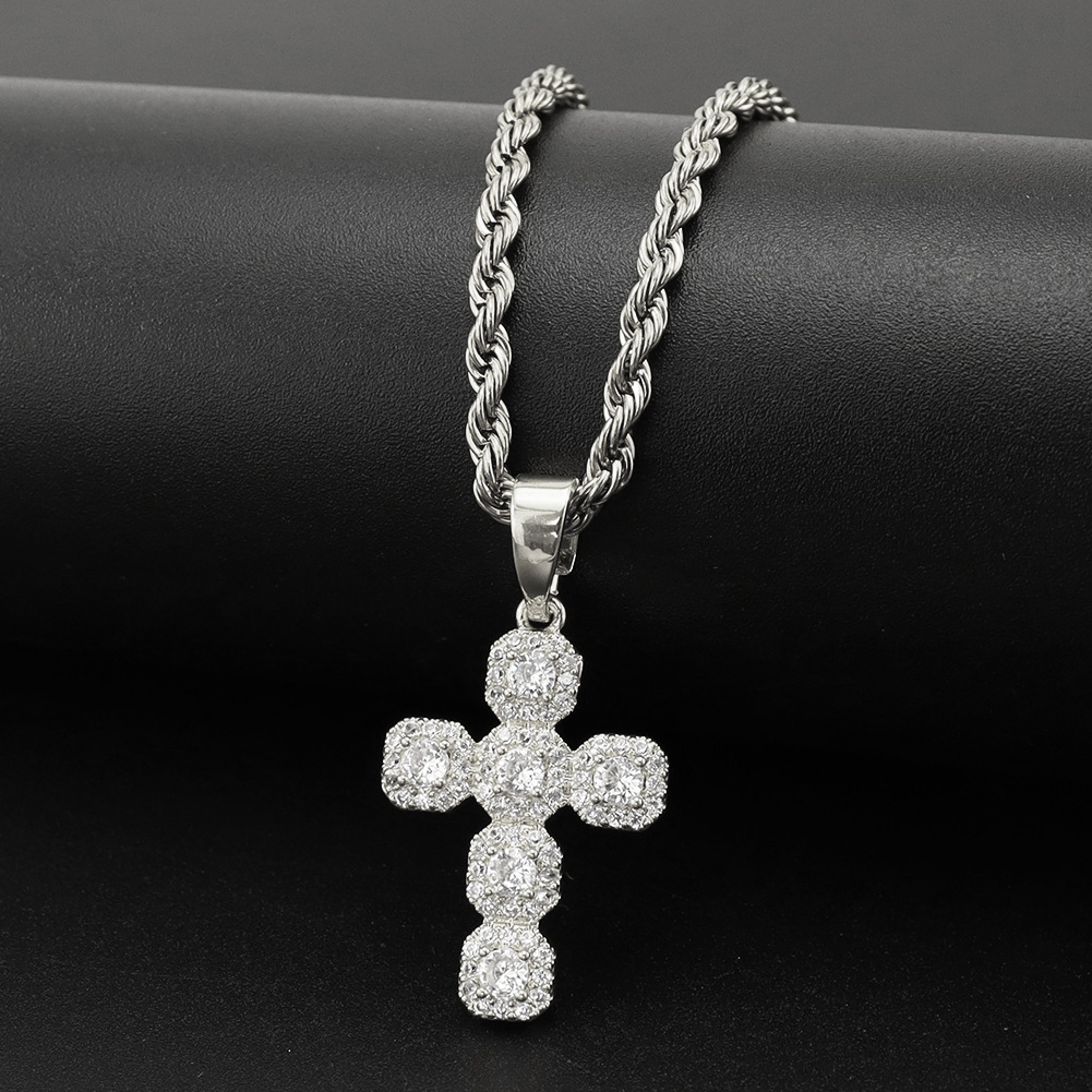 Copper Pendant Material Copper Inlaid Zircon Cross Pendant Necklace Personalized   Style Long Hemp Flowers Chain Sweater Chain Wear Accessory