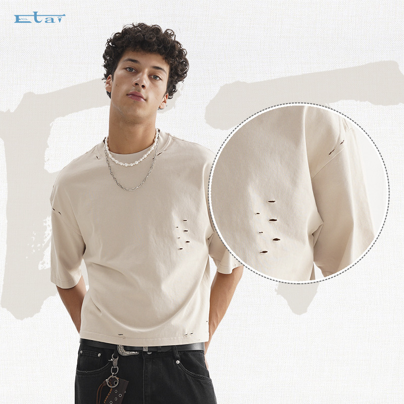 ETAI Hombre| American Street tide retro desgaste camiseta de hombre de color sólido de alta calidad pesada 100% algodón corto ancho mangas cortas