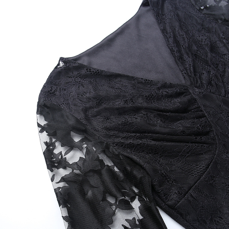 Vestido de malla de color sólido con cordones y manga larga de trompeta con cuello en V de estilo gótico NSGYB116265