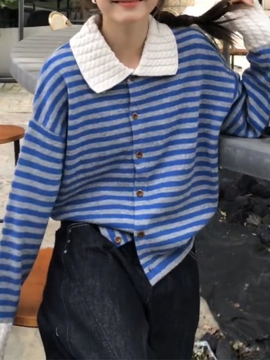2025秋季新款韩版宽松显瘦条纹POLO领长袖针织毛衣百搭慵懒上衣女|undefined