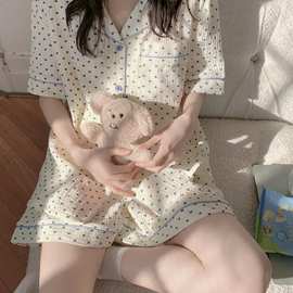 实拍夏季新款韩系双层棉纱小爱心短袖短裤休闲睡衣女家居服套装