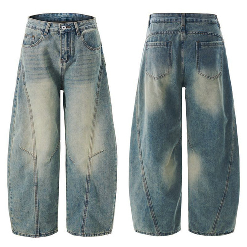 JIAMU Cat Whisker Scythe Pants Baggy Jeans American Street Fashion Unisex Wide Leg Bow Knife Denim Jeans for Men and Women