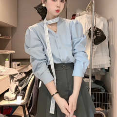 开春穿搭一整套女V领纯色蕾丝飘带长袖衬衫高腰西装百褶裙两件套