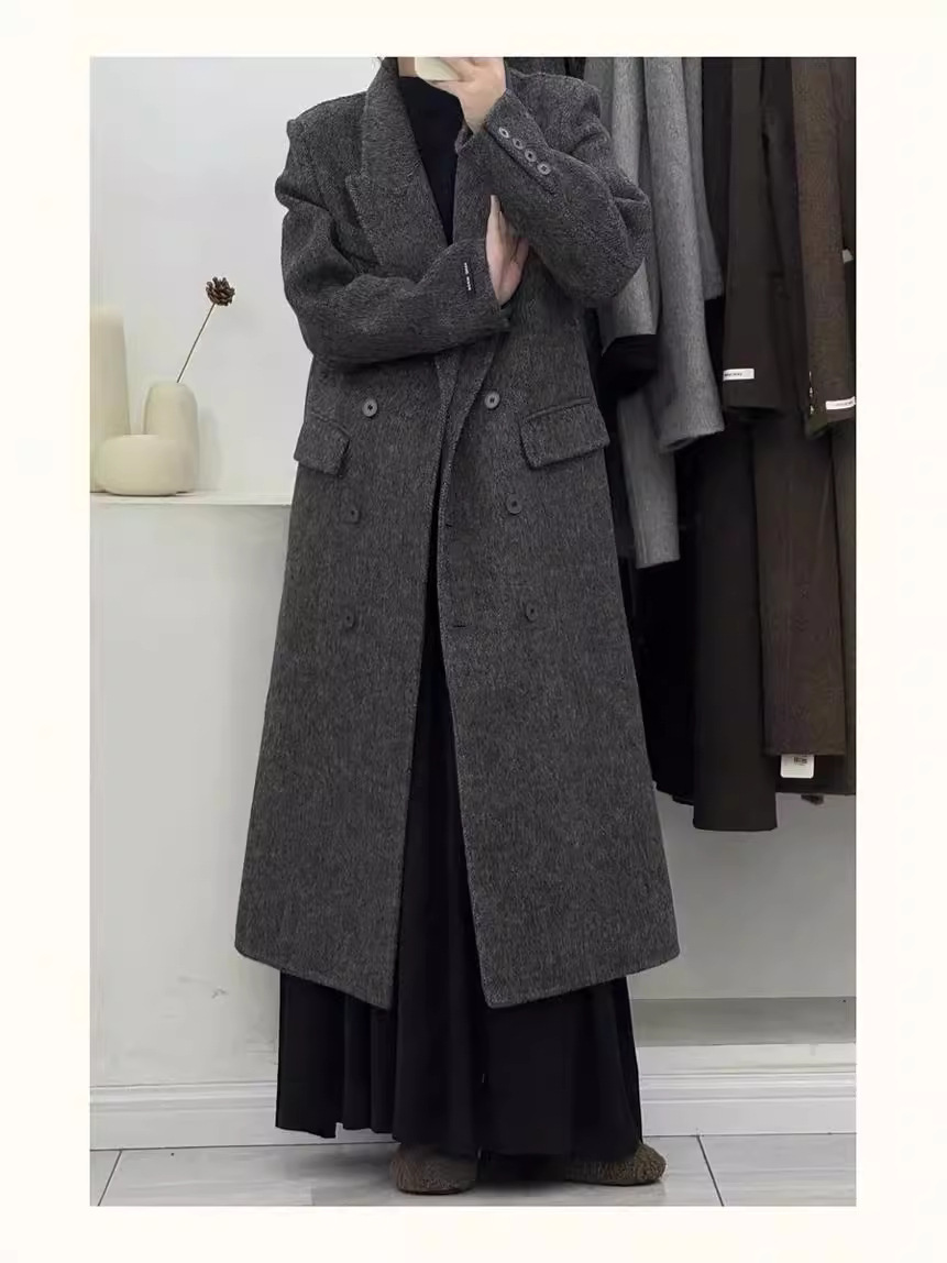 2025 Autumn and Winter New Herringbone Suit Collar Double-Sided Cashmere Outwear for Women Slimming Look Woolen Woolen Outwear with Shoulder Pads