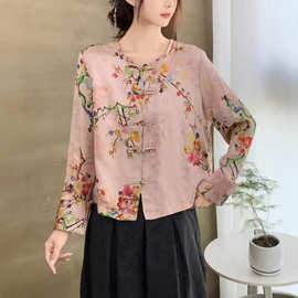 2025秋季新款新中式圆女士领衬衫民族风复古盘扣亚麻印花长袖开衫