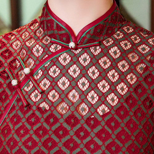 Red Lace hollow long cheongsam oriental Chinese dress Qipao  Everyday temperament banquet catwalk cheongsam dress