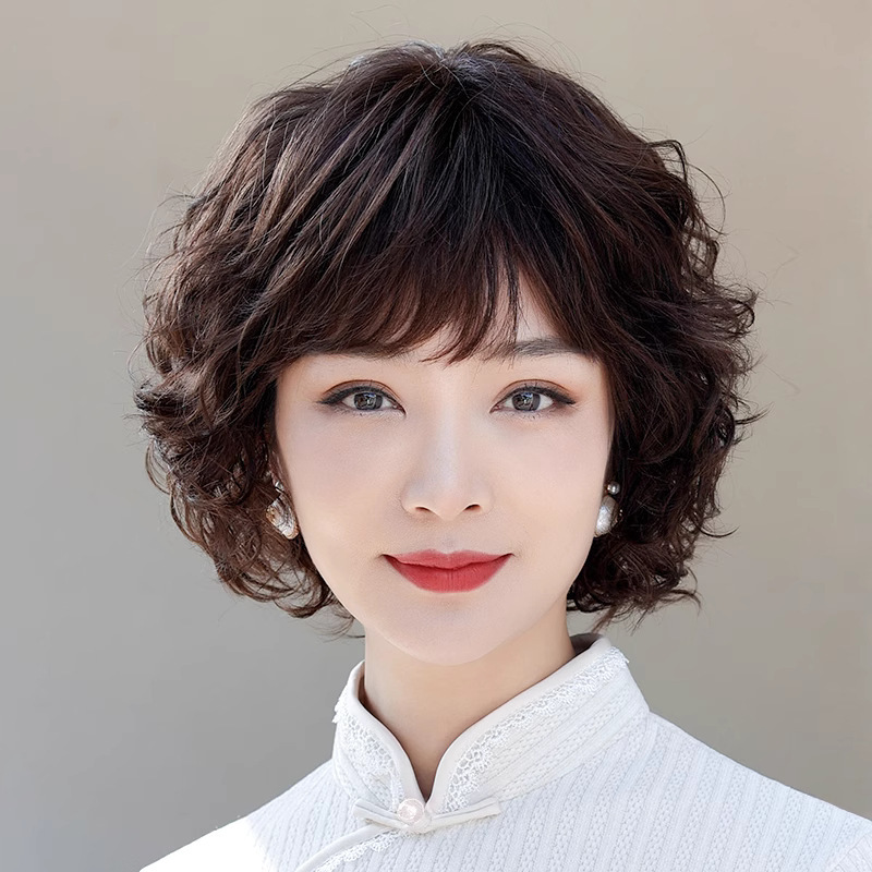 ショート巻き毛ママ用ウィッグセット、ロマンチックな梨花パーマフルヘッドセット、ふわふわで通気性のある中高年向け人毛フルヘアセット|undefined