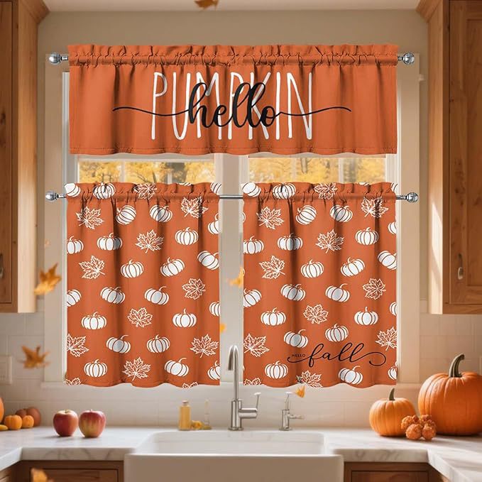Cross-Border New Style Orange Pumpkin Creative Printed Potted Flower Curtain Set for Kitchen, Cafe, Bedroom Decoration Cross-Border New Style Orange Pumpkin Creative Printed Potted Flower Curtain Set for Kitchen, Cafe, Bedroom Decoration