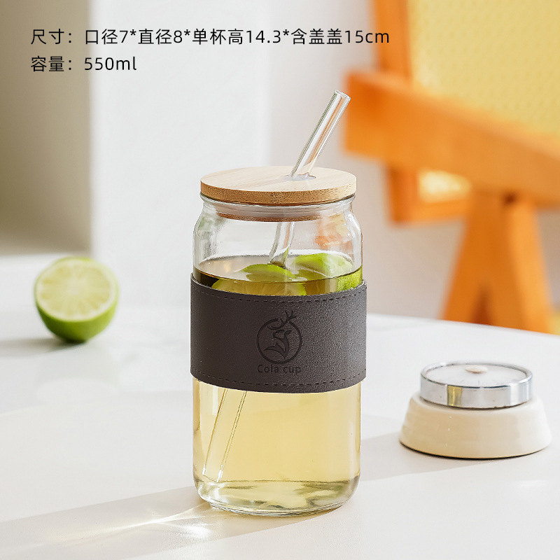 卸売りアマゾンストロー付き竹蓋皮カバー冷たい飲み物コーラジュースコーヒーカップ断熱単層ガラスコップ|undefined