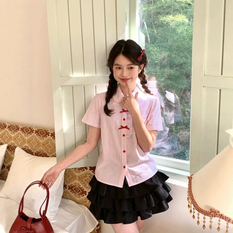 Tokyo Seasonal Diary Jk Summer New Pink Striped Doll Collar Shirt for Petite Girls Sweet and Cute Top Tokyo Seasonal Diary Jk Summer New Pink Striped Doll Collar Shirt for Petite Girls Sweet and Cute Top