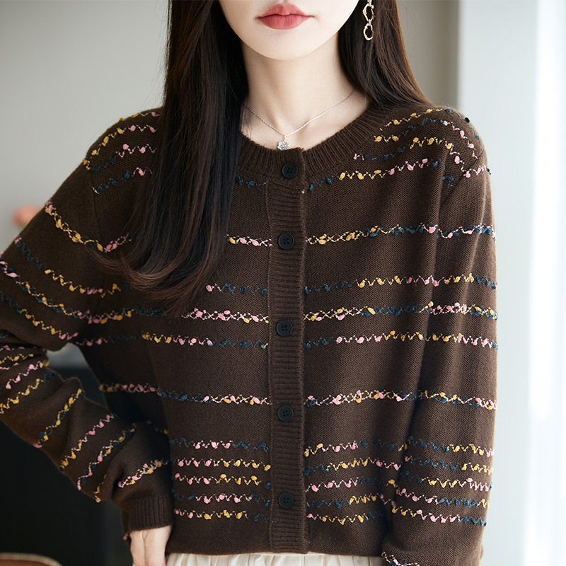 时尚咖色小衫上衣女早秋甜美提花圆领针织衫开衫外套上衣女装毛衫|undefined