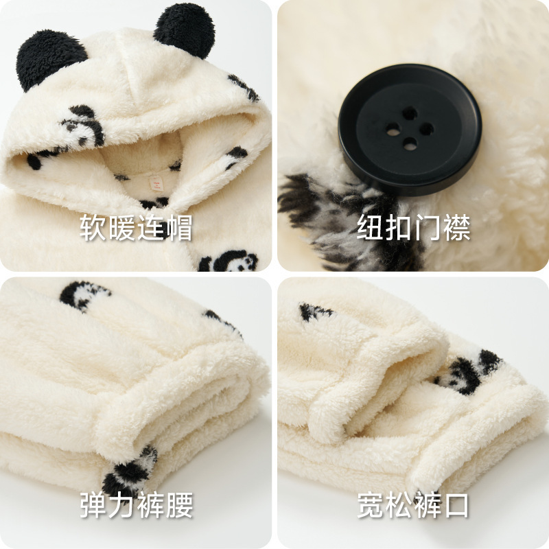 300G秋冬季长款连帽睡衣女珊瑚绒拉链睡衣套装大码熊猫国潮家居服|undefined