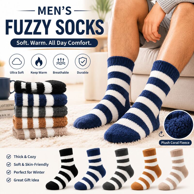 Men's large size striped lint-free coral fleece winter thickened mid-length socks home floor socks warm socks Amazon