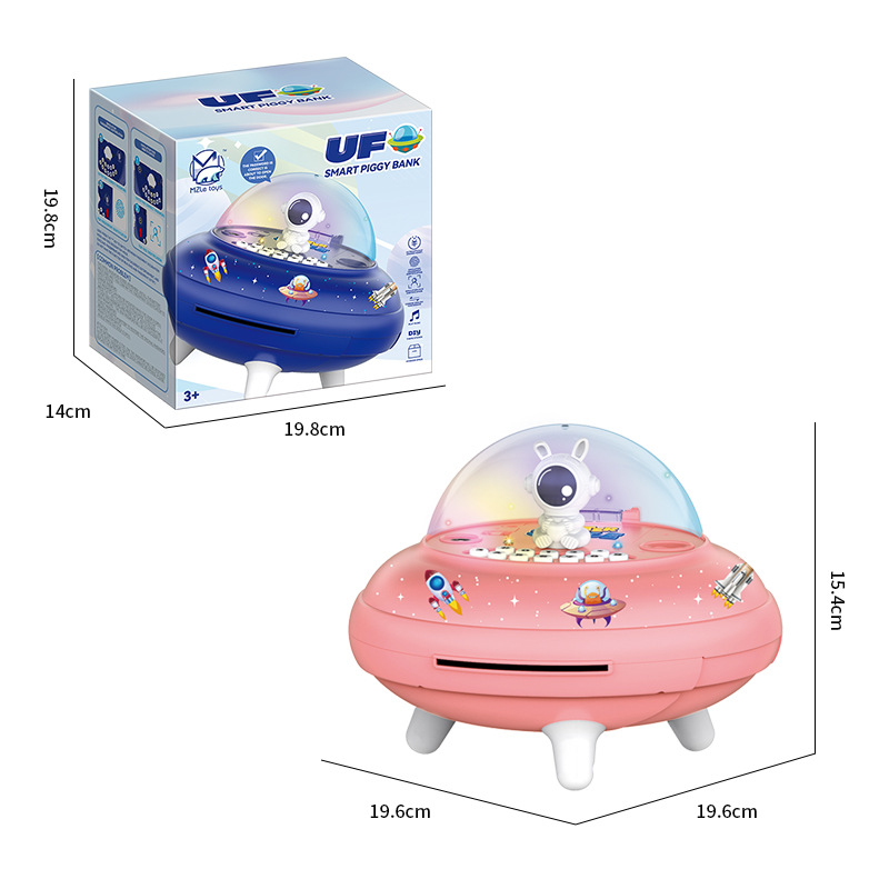 Diversión simulación nave espacial UFO hucha simulación reconocimiento facial huella digital desbloquear sonido y luz niños inteligente hucha