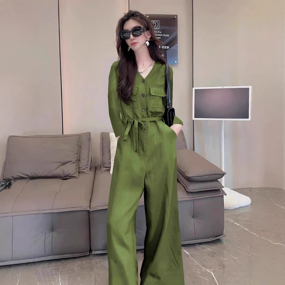 2025 Summer Lazy and Relaxed Street Pants Women's V-Neck Lace-Up Loose Casual Workwear Jumpsuit