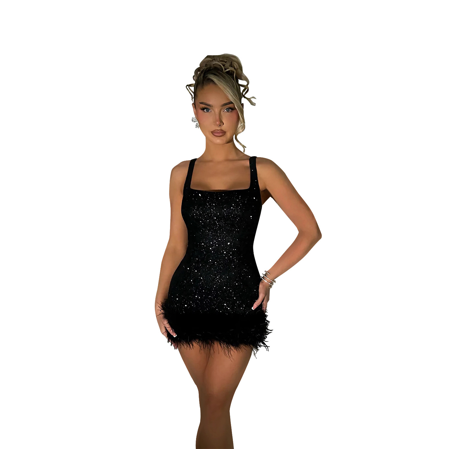 C7076 Cross-border AliExpress Amazon Independent Station Vestido de tirantes de plumas con lentejuelas para mujer de moda europea y americana Nuevo