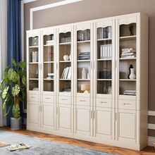 全实木书柜子书架书橱带玻璃门现代简约中式组合橡木落地白色储物