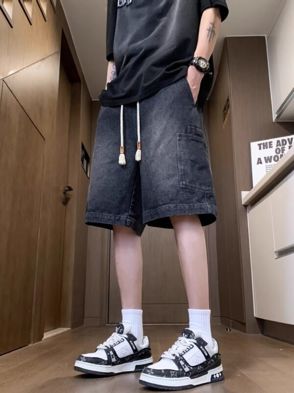 Cargo Denim Shorts Men's Summer Thin American High Street Washed Distressed Trendy Loose Casual Mid-Length Pants