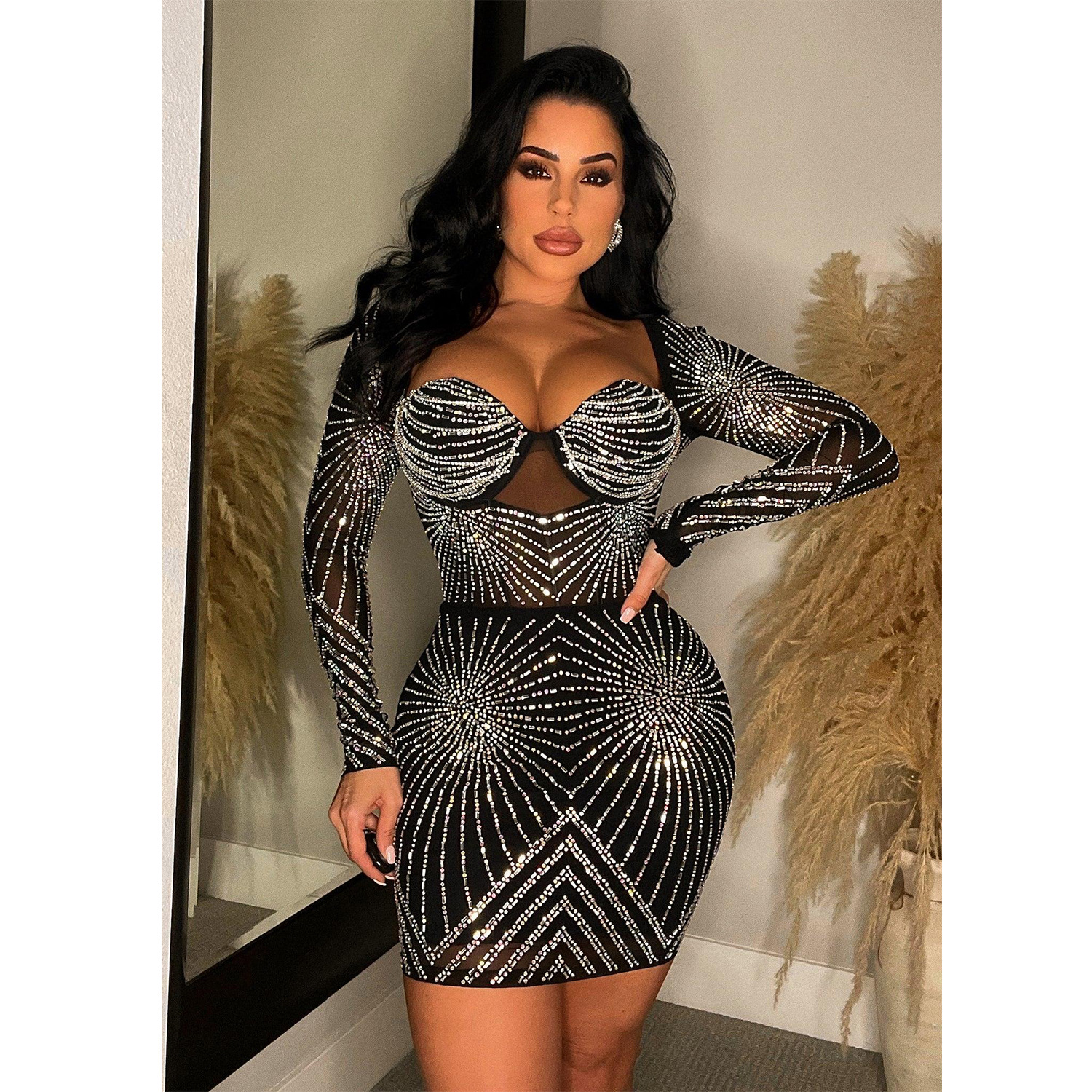 C6243 transfronterizo AliExpress Amazon Europa y América moda de las mujeres de color sólido de malla perforación en caliente de manga larga vestido de falda corta image 3
