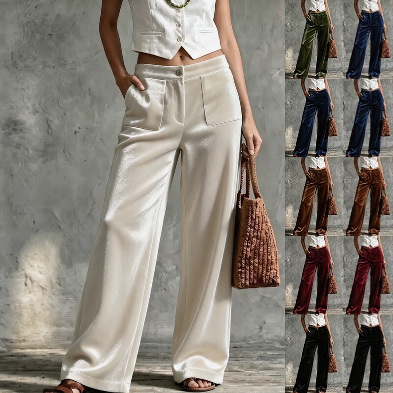 2026 Cross-Border Amazon Wish Independent Site Women's Clothing: Velvet Loose Solid Color High-Waisted Pocket Straight-Leg Casual Pants