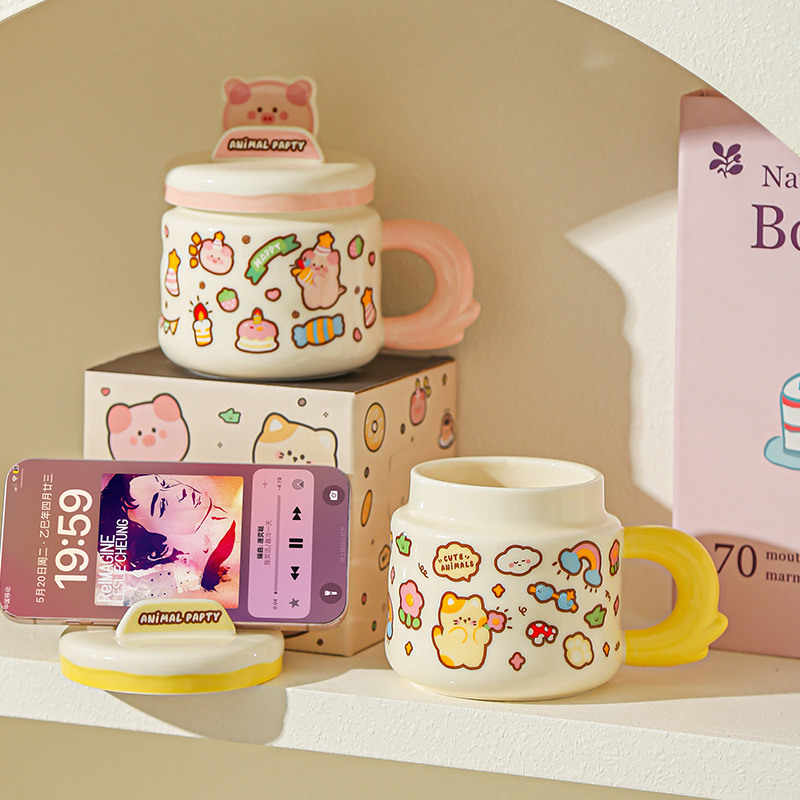 Linda caricatura linda mascota graffiti taza de animales oficina taza de agua de alto valor soporte para teléfono móvil taza de cerámica para estudiantes