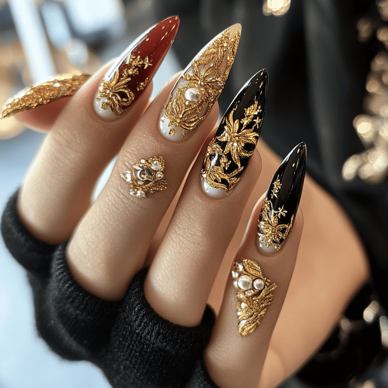 WM-74 black red gilt false nails almond advanced black gold printing 24 pieces of wearing nail tablets wholesale