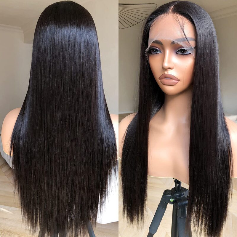 Hand-Woven Black Long Straight Hair African Wig 13*4 Lace Front Wig Silver Gray Middle Parted Long Straight Hair Wigs Chemical Fiber