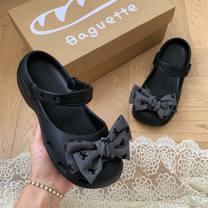 Ballet-Style Perforated Shoes for Women, Summer Eva, Girly Bowknot, Comfortable Non-Slip Mary Jane Closed-Toe Slippers for Women